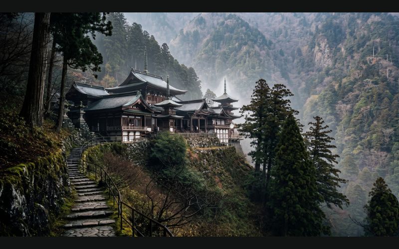 Ancient Japanese temple in forest with mist