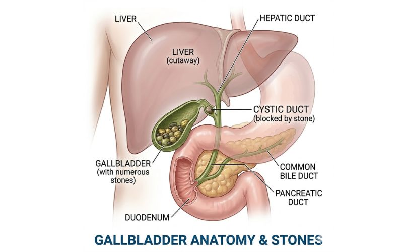 Diagram of gallbladder with gallstones